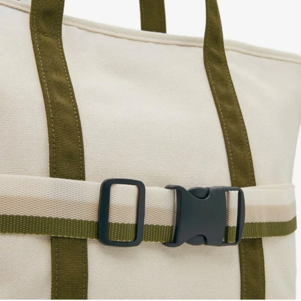 NWOT Stylish Cream Canvas Tote with Travel Band/Ivory & Green